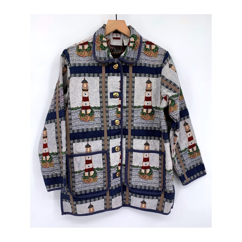 Vintage Blair Lighthouse Tapestry Jacket Womens Medium Nautical Anchor Button
